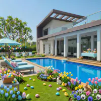Easter style: the same backyard, spring colors with pastel eggs