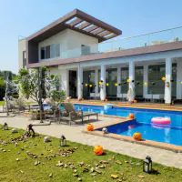 Halloween style: the same backyard, spooky vibes with glowing pumpkins