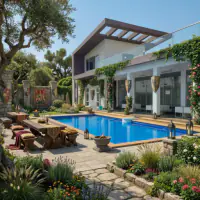 Medieval style: the same backyard, castle-inspired with heavy furniture