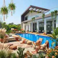 Modern Boho style: the same backyard, earthy tones with woven textures