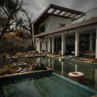 Post-apocalyptic style: the same backyard, weathered ruins with urban decay