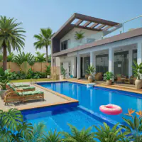 Tropical style: the same backyard, lush palms with rattan and bamboo